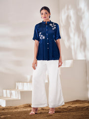 Navy Blue Embroidered Satin Peplum Top with Palazzo Pants