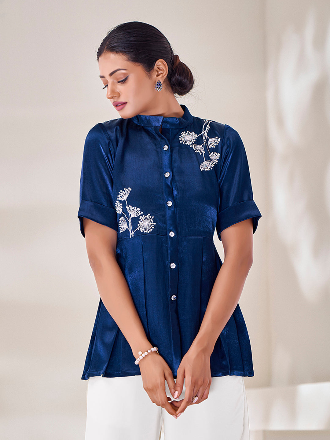 Navy Blue Embroidered Satin Peplum Top with Palazzo Pants