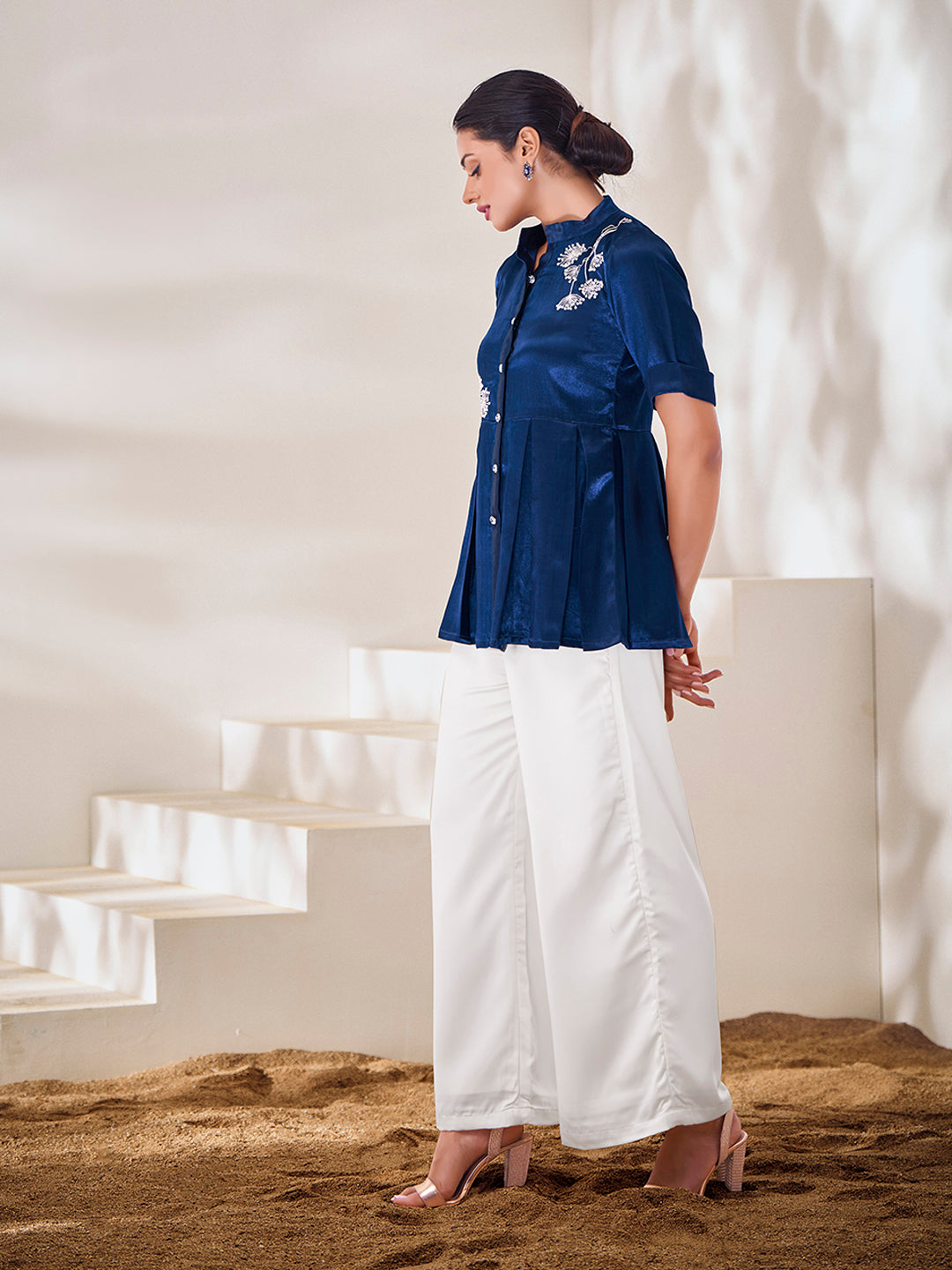 Navy Blue Embroidered Satin Peplum Top with Palazzo Pants