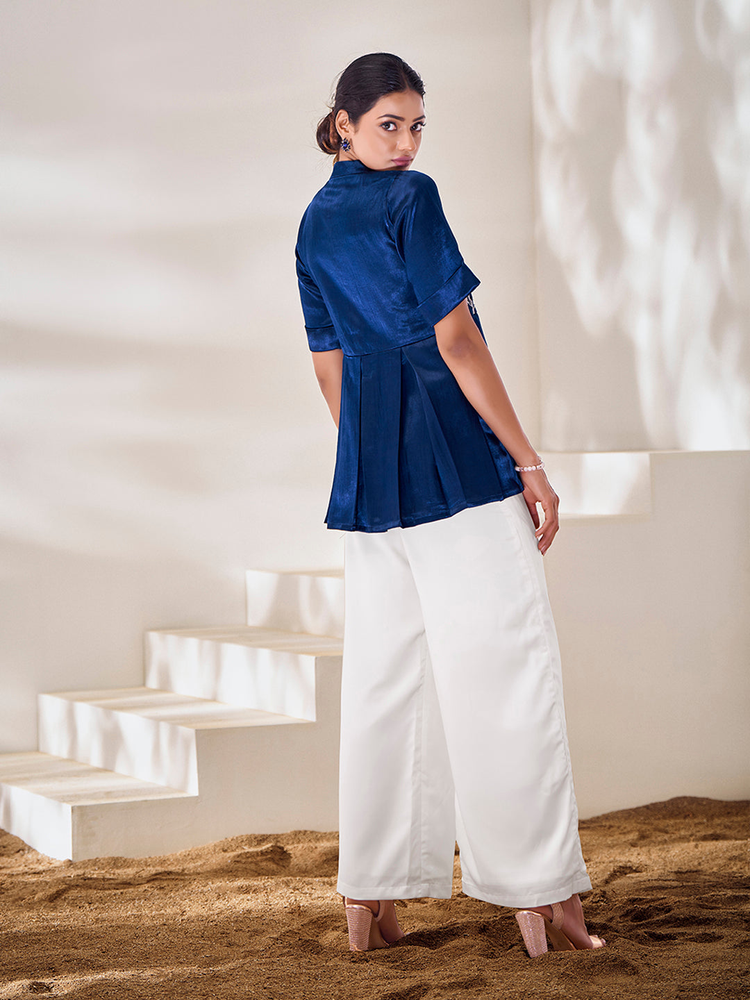 Navy Blue Embroidered Satin Peplum Top with Palazzo Pants
