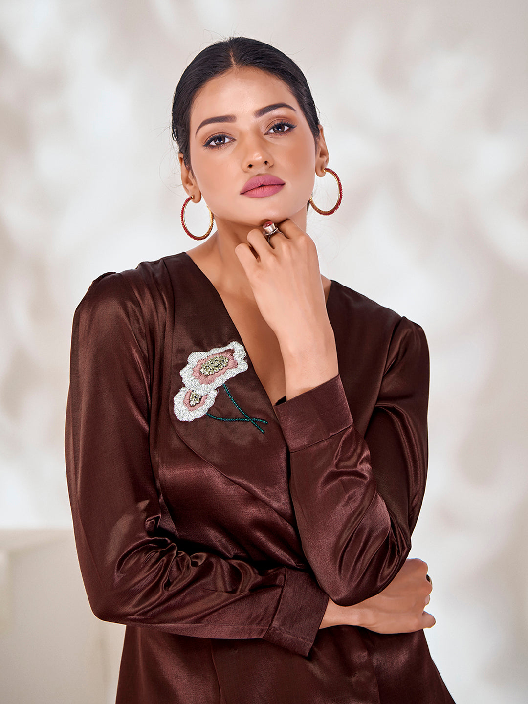 Maroon Satin Embroidered Wrap Top with Pants