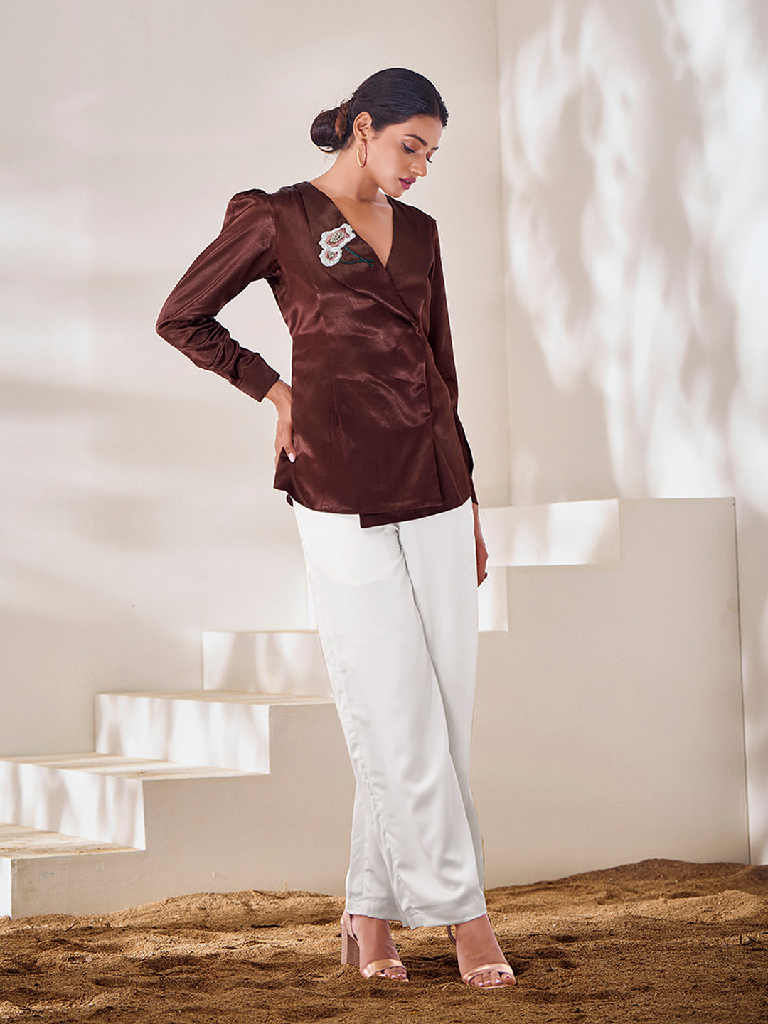Maroon Satin Embroidered Wrap Top with Pants