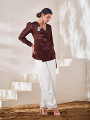 Maroon Satin Embroidered Wrap Top with Pants