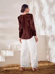 Maroon Satin Embroidered Wrap Top with Pants