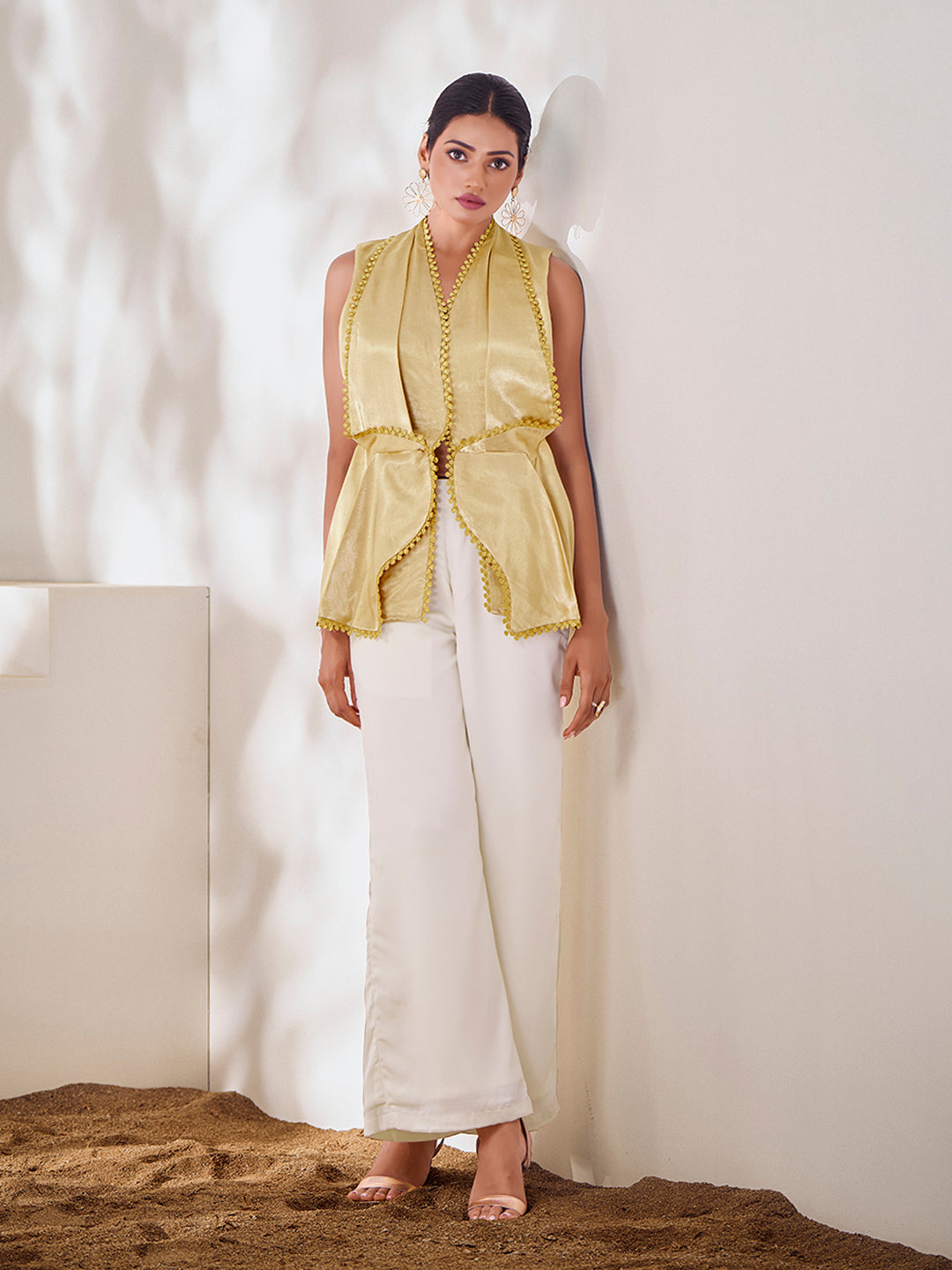 Champagne Gold Embellished Sleeveless Jacket with Palazzo Pants
