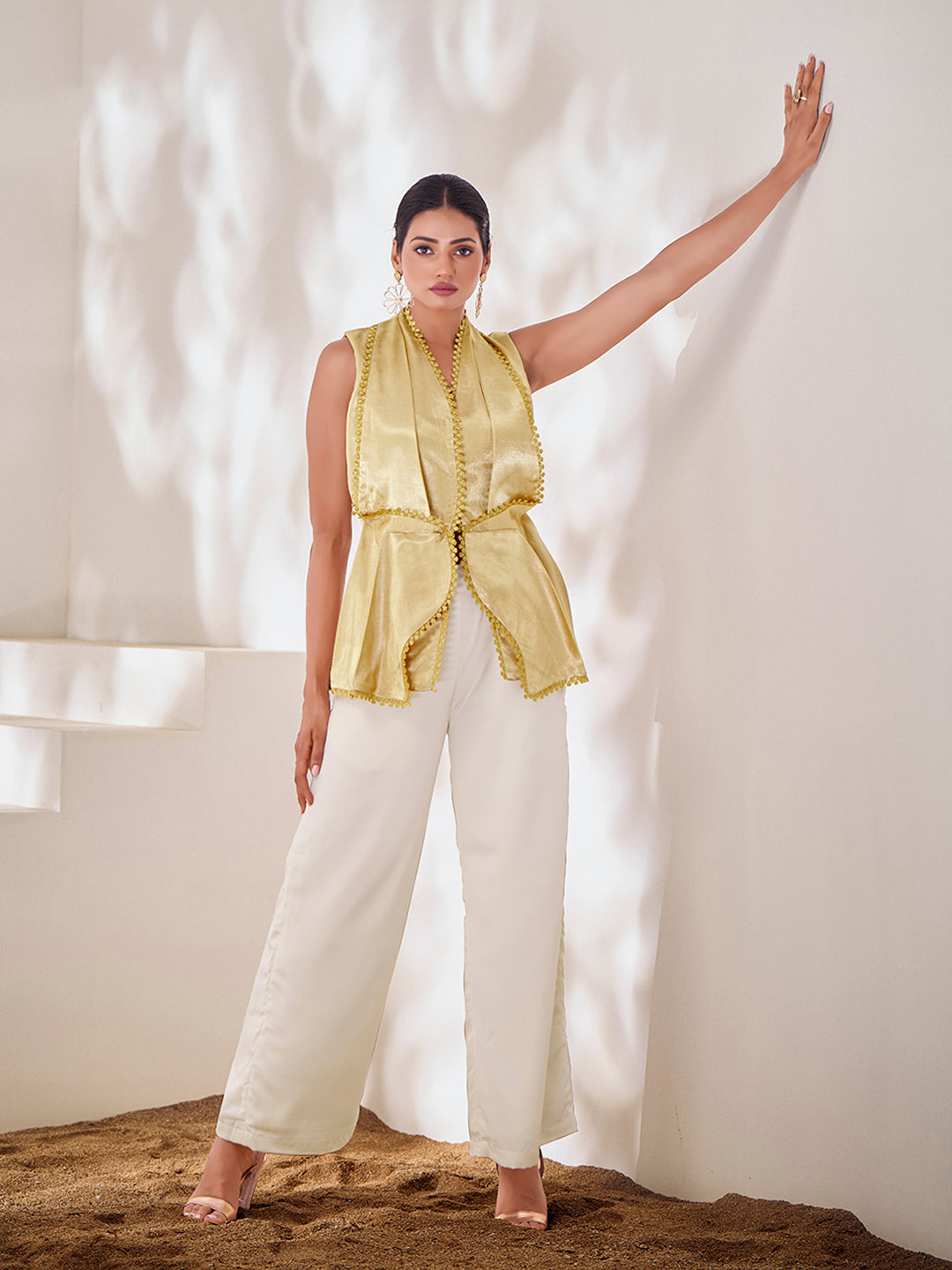 Champagne Gold Embellished Sleeveless Jacket with Palazzo Pants