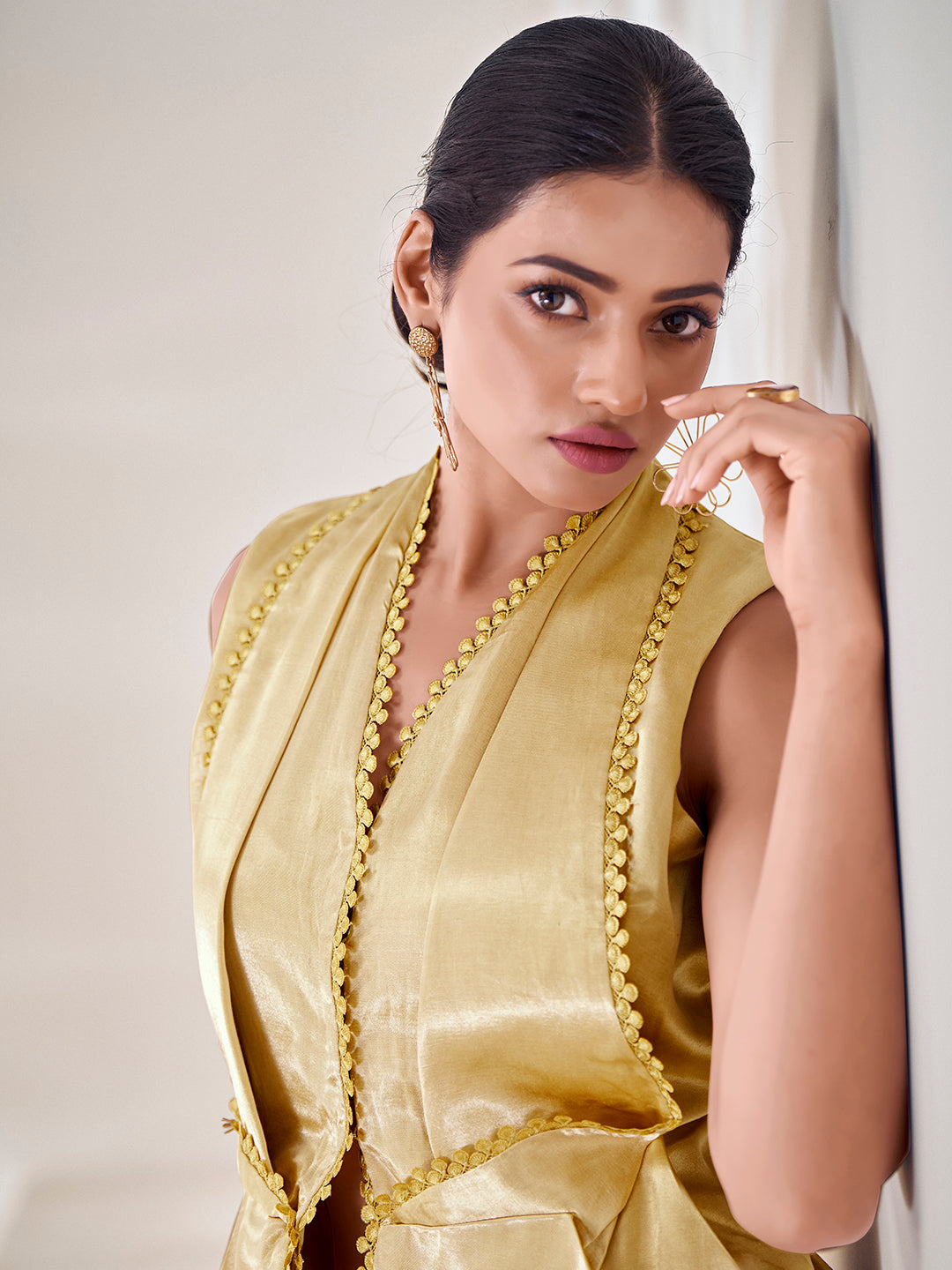 Champagne Gold Embellished Sleeveless Jacket with Palazzo Pants