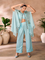 Aqua blue embroidered co-ord set for women.
