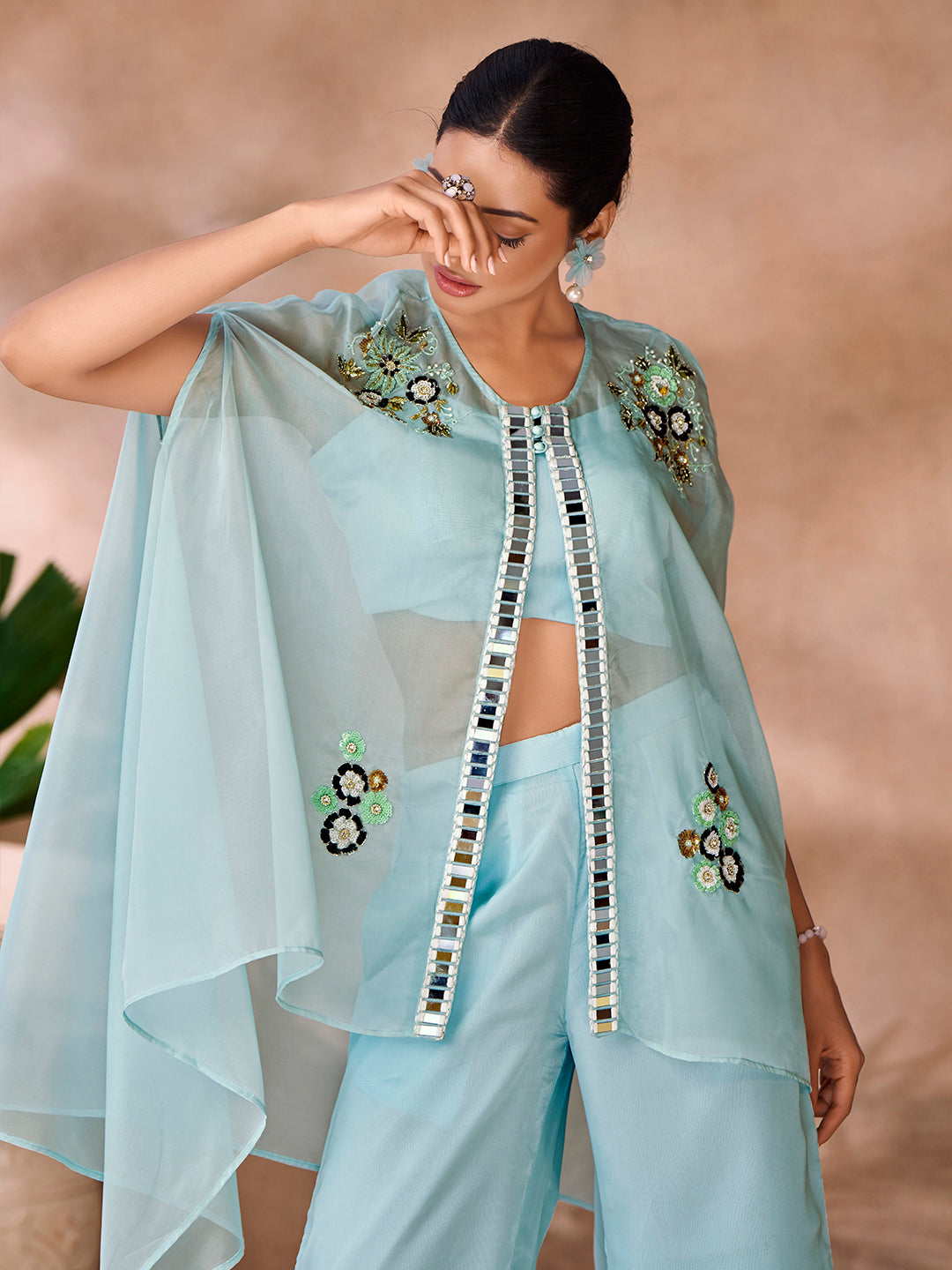 Aqua blue embroidered co-ord set for women.
