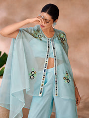 Aqua blue embroidered co-ord set for women.