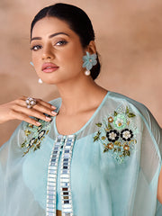 Aqua blue embroidered co-ord set for women.
