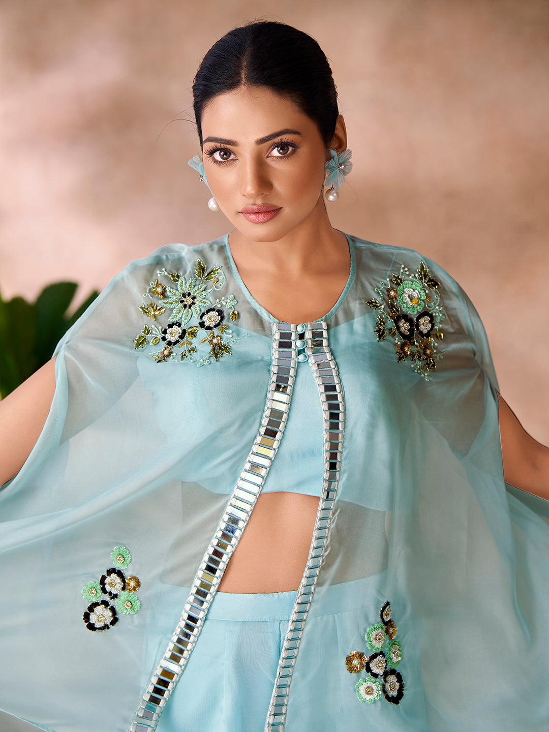 Aqua blue embroidered co-ord set for women.