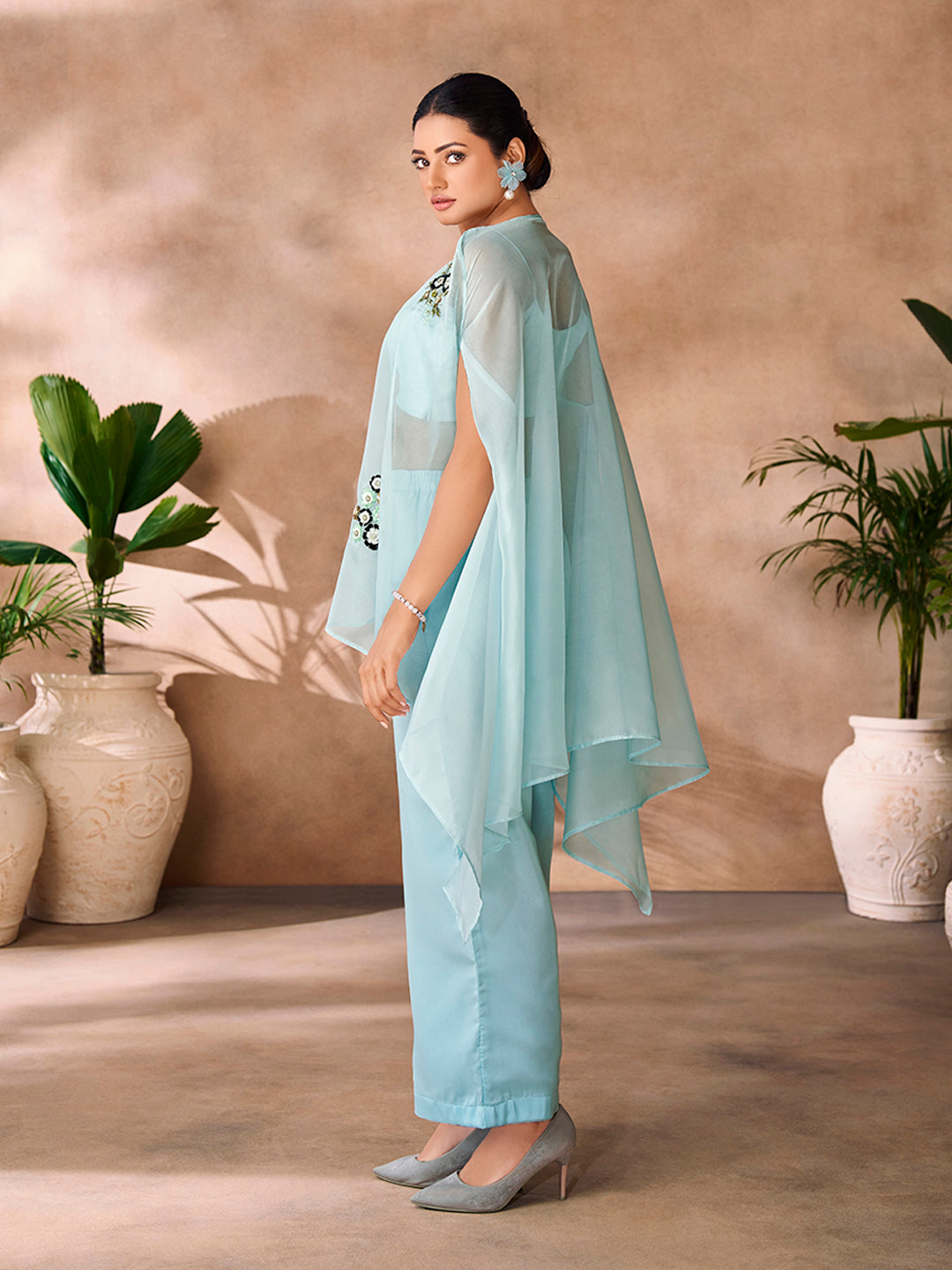 Aqua blue embroidered co-ord set for women.