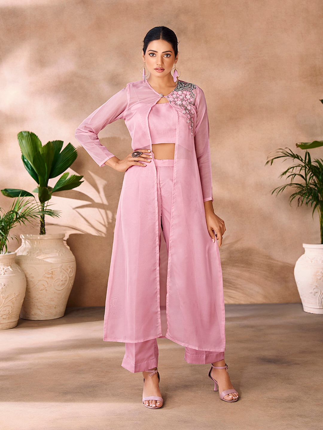 Baby Pink Organza Handwork Jacket Co-Ord Set