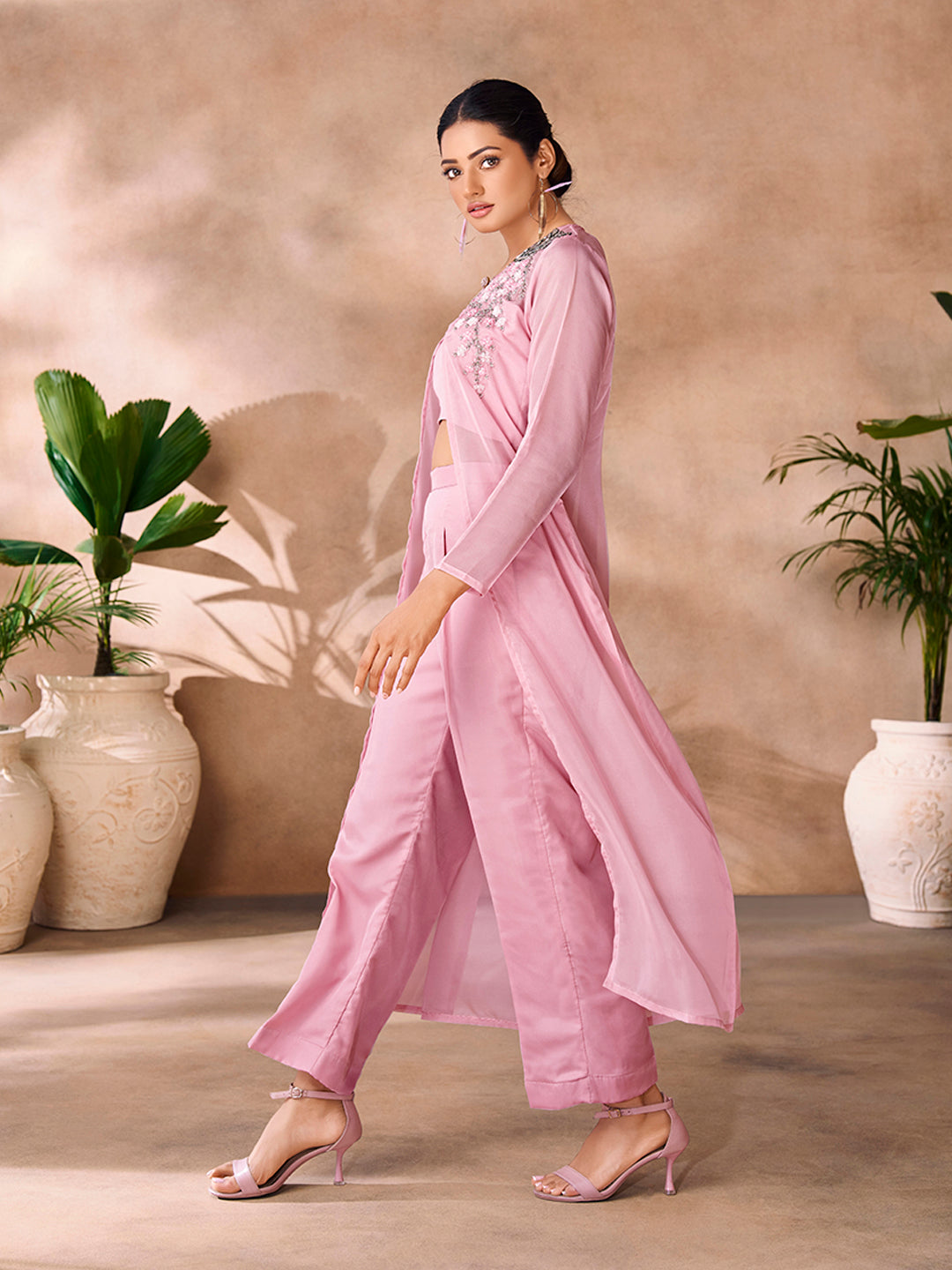 Baby Pink Organza Handwork Jacket Co-Ord Set