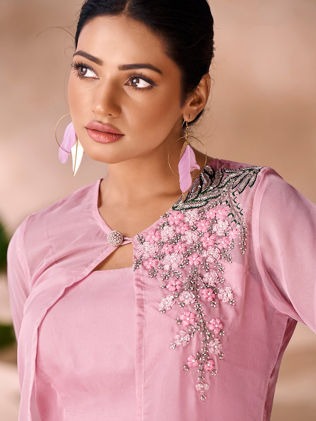 Baby Pink Organza Handwork Jacket Co-Ord Set