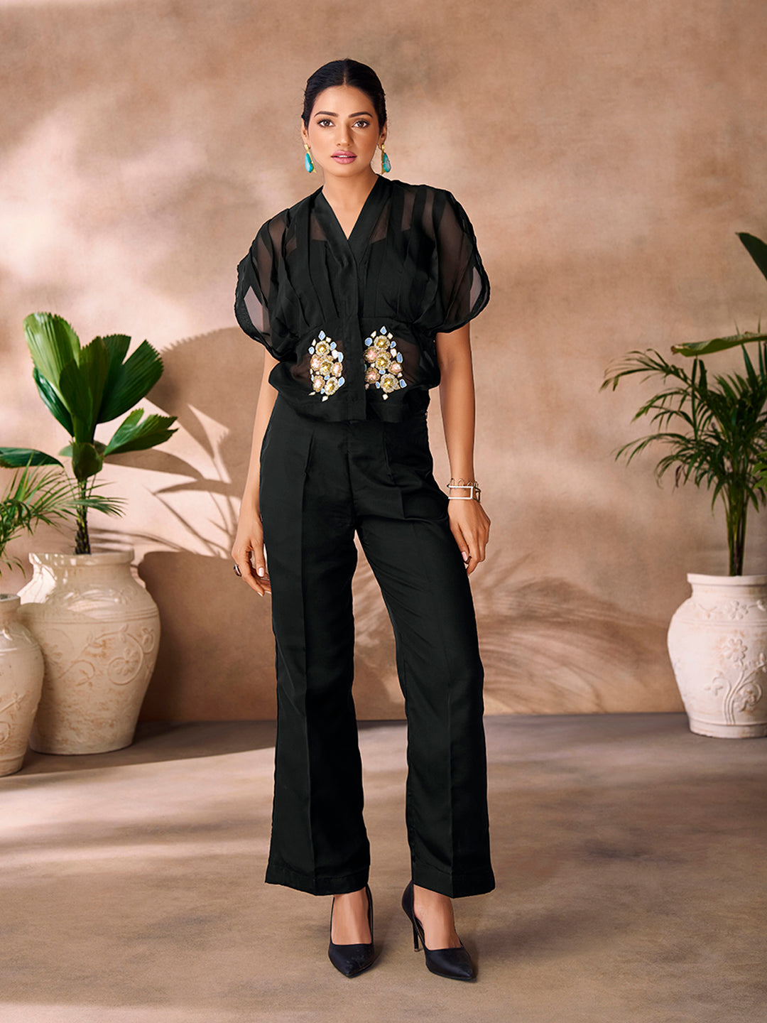 Black Organza Handwork Co-Ord Set with Sheer Sleeves