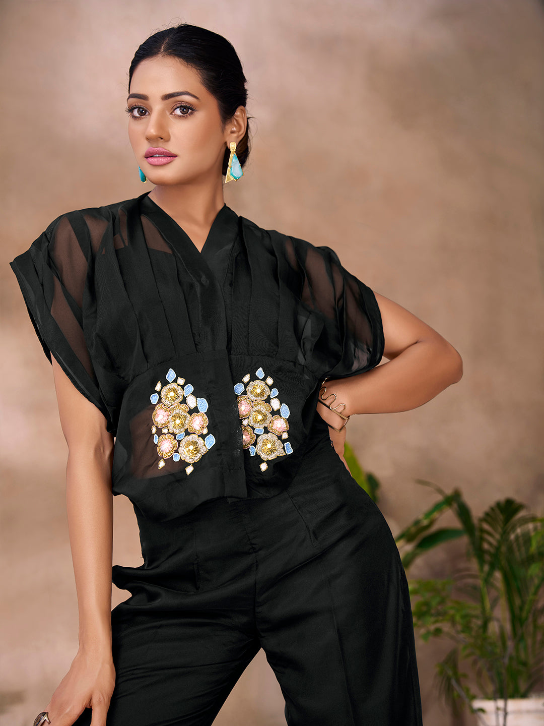Black Organza Handwork Co-Ord Set with Sheer Sleeves