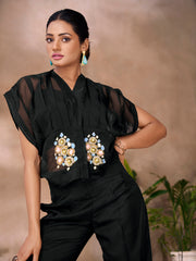Black Organza Handwork Co-Ord Set with Sheer Sleeves