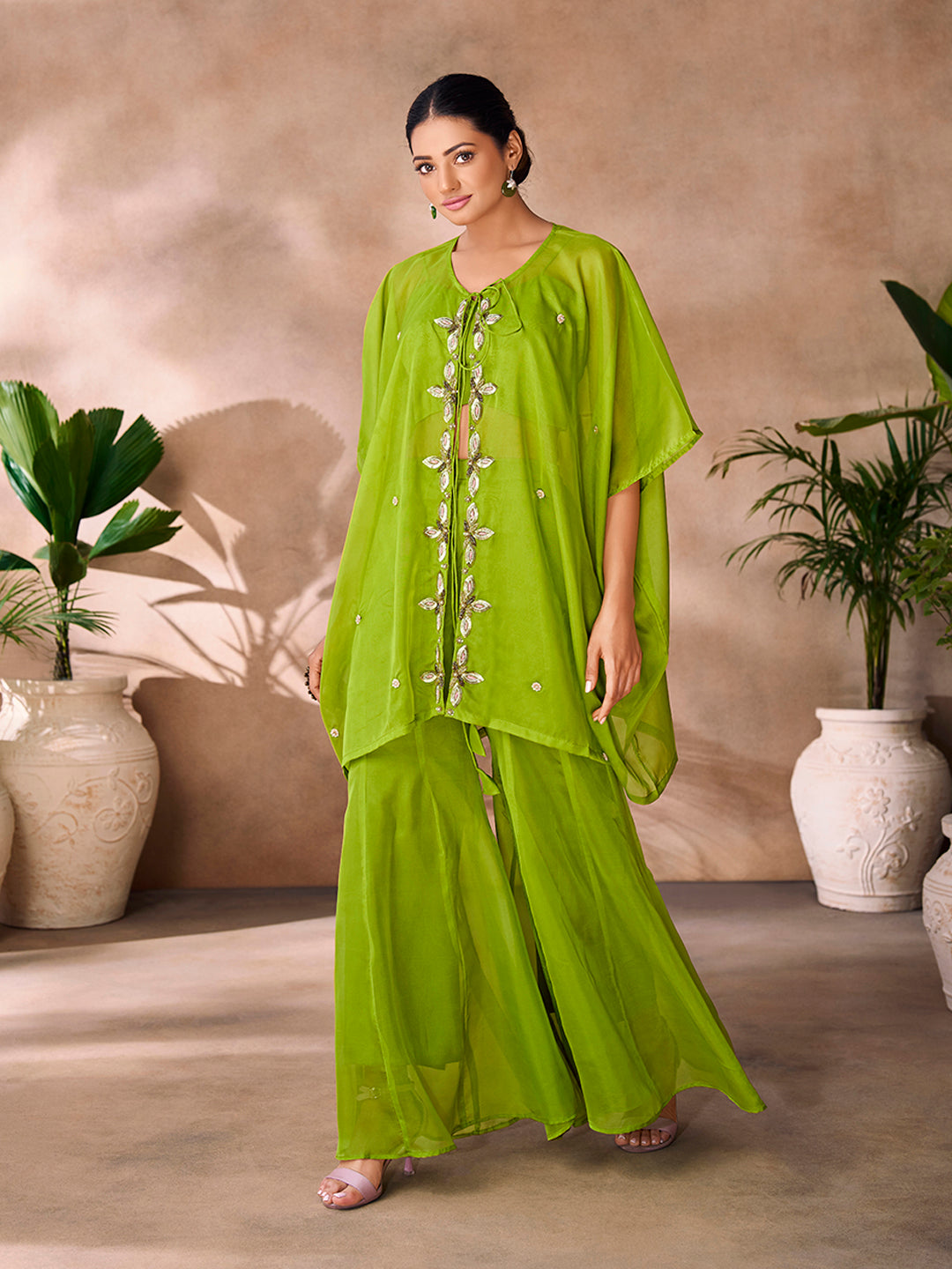 Lime green embroidered kaftan co-ord set with flowy wide-leg pants.