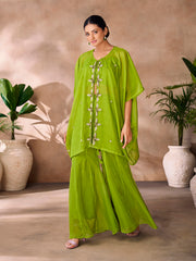 Lime green embroidered kaftan co-ord set with flowy wide-leg pants.