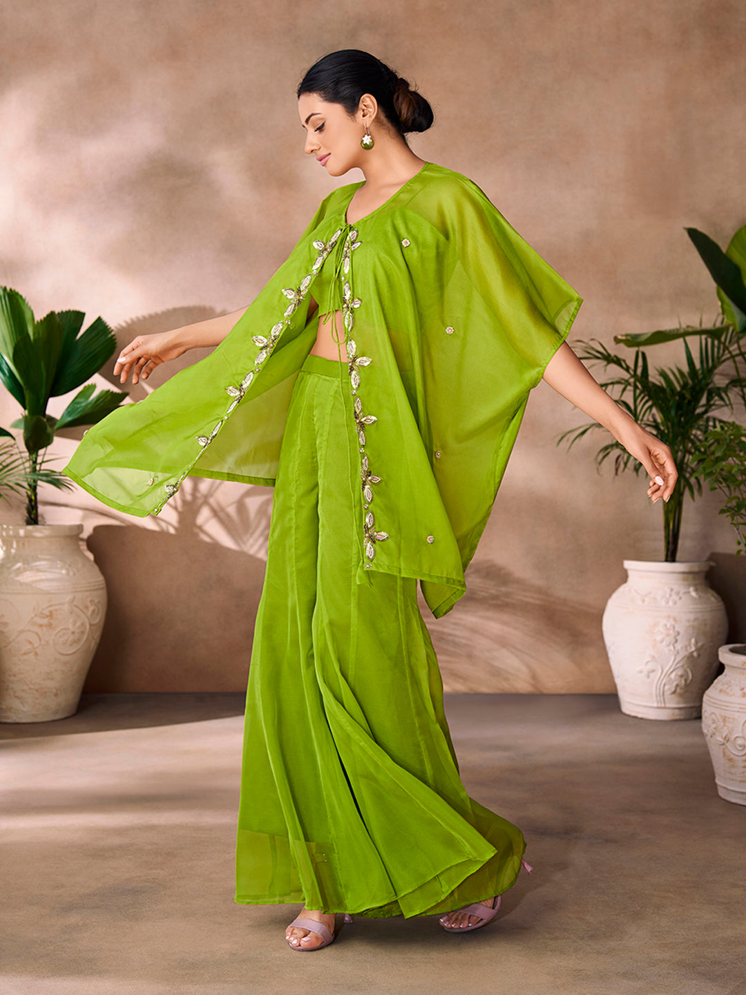 Lime green embroidered kaftan co-ord set with flowy wide-leg pants.
