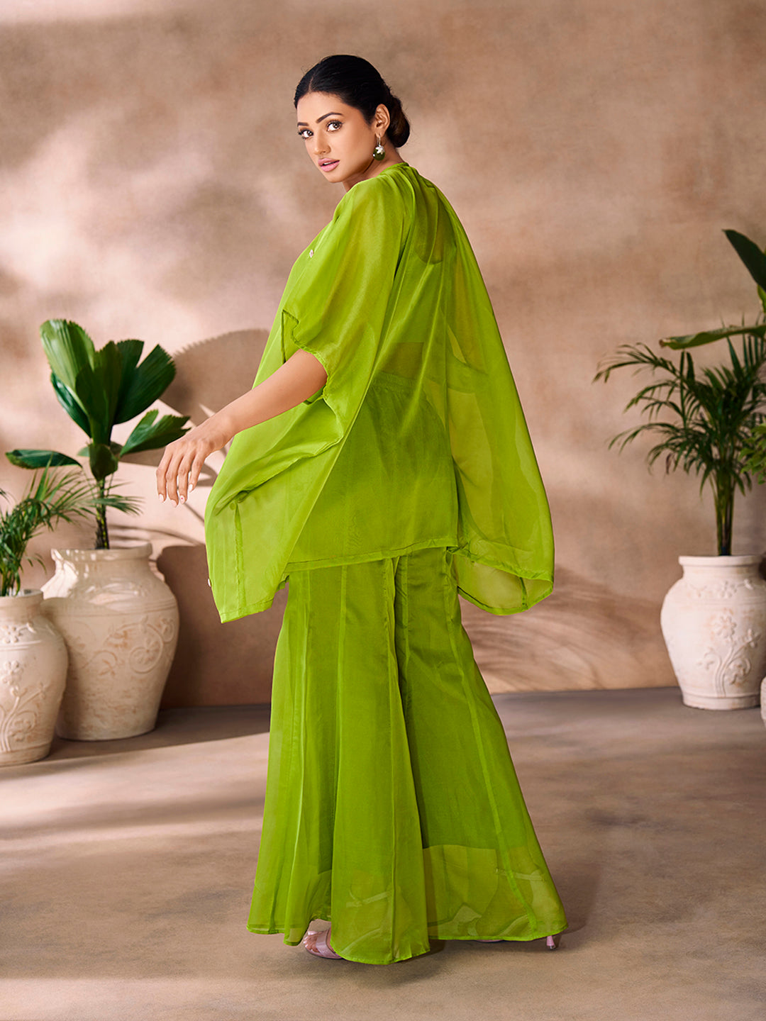 Lime green embroidered kaftan co-ord set with flowy wide-leg pants.