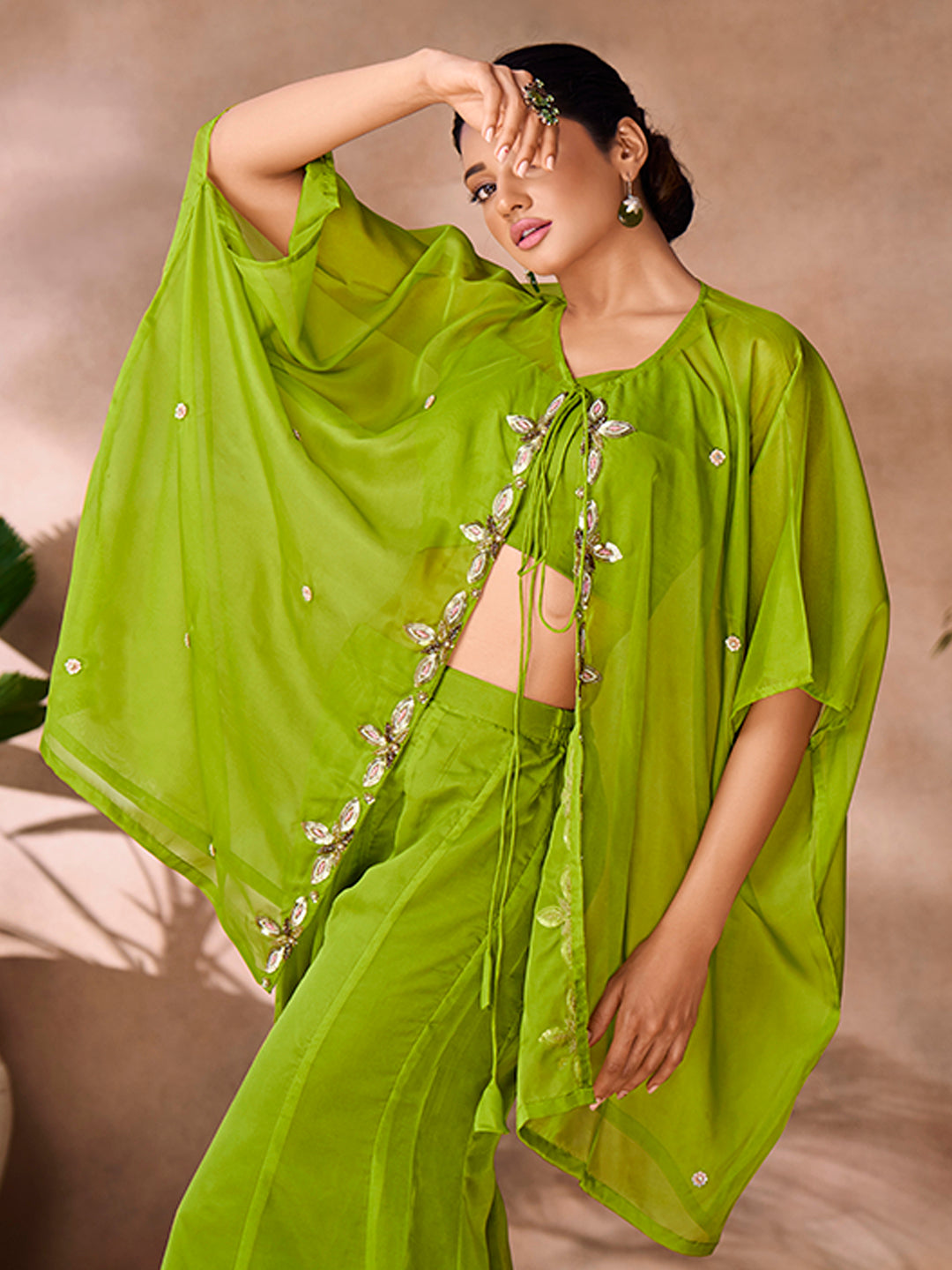 Lime green embroidered kaftan co-ord set with flowy wide-leg pants.