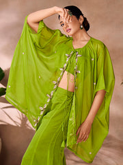 Lime green embroidered kaftan co-ord set with flowy wide-leg pants.
