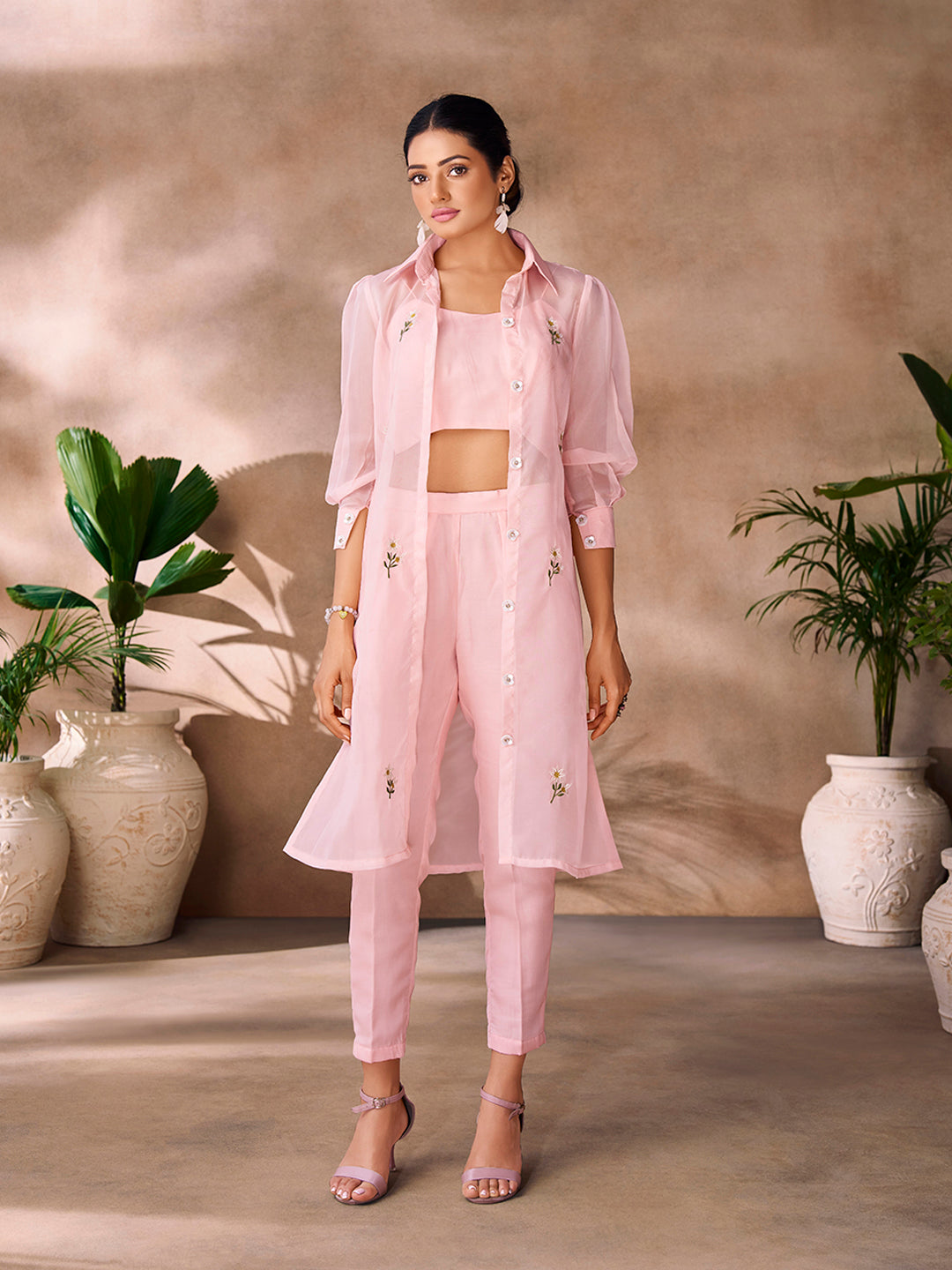 Pink embroidered co-ord set with sheer jacket.