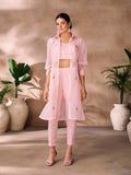 Pink embroidered co-ord set with sheer jacket.
