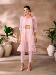 Pink embroidered co-ord set with sheer jacket.
