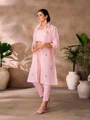 Pink embroidered co-ord set with sheer jacket.