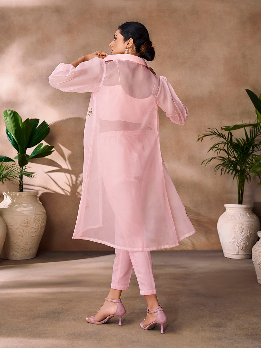 Pink embroidered co-ord set with sheer jacket.