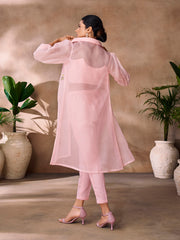 Pink embroidered co-ord set with sheer jacket.