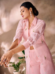Pink embroidered co-ord set with sheer jacket.