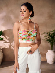 Multicolor embroidered crop top with white SHarara palazzo pants.