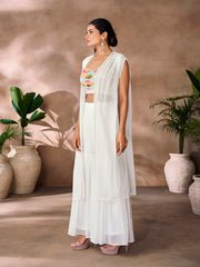 Multicolor embroidered crop top with white SHarara palazzo pants.