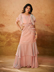Blush Pink Ruffle Saree Gown with Designer Belt