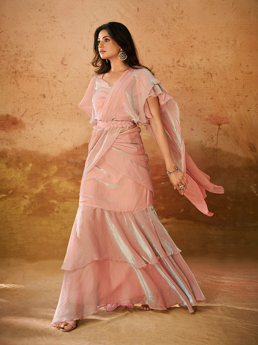 Blush Pink Ruffle Saree Gown with Designer Belt