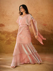 Blush Pink Ruffle Saree Gown with Designer Belt