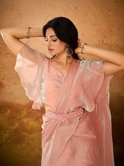 Blush Pink Ruffle Saree Gown with Designer Belt