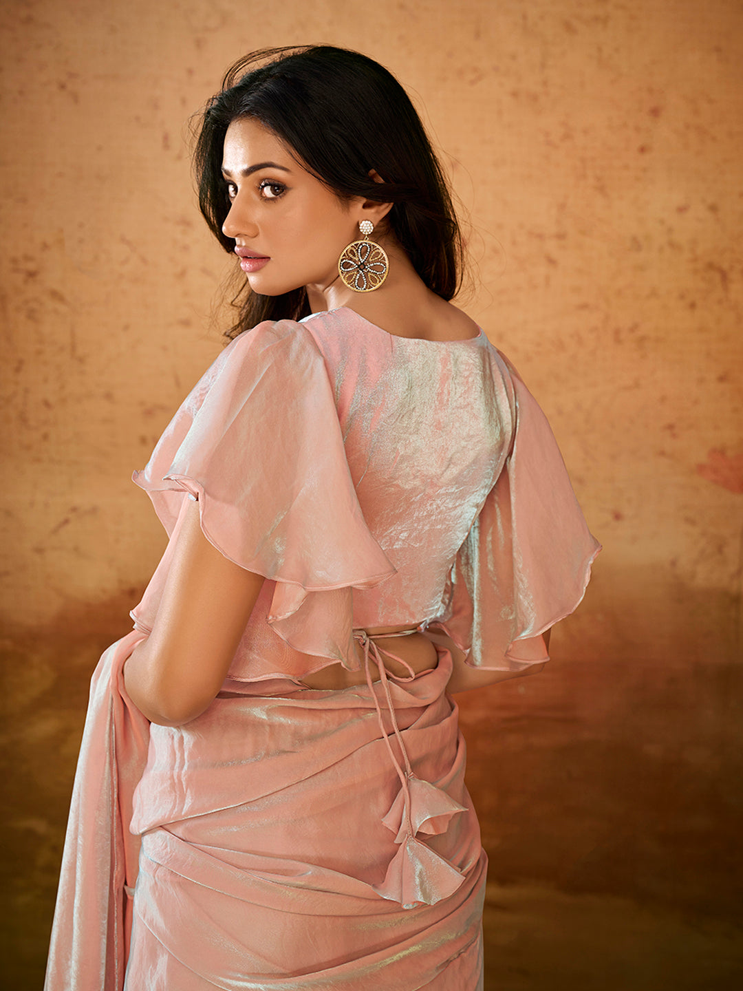 Blush Pink Ruffle Saree Gown with Designer Belt
