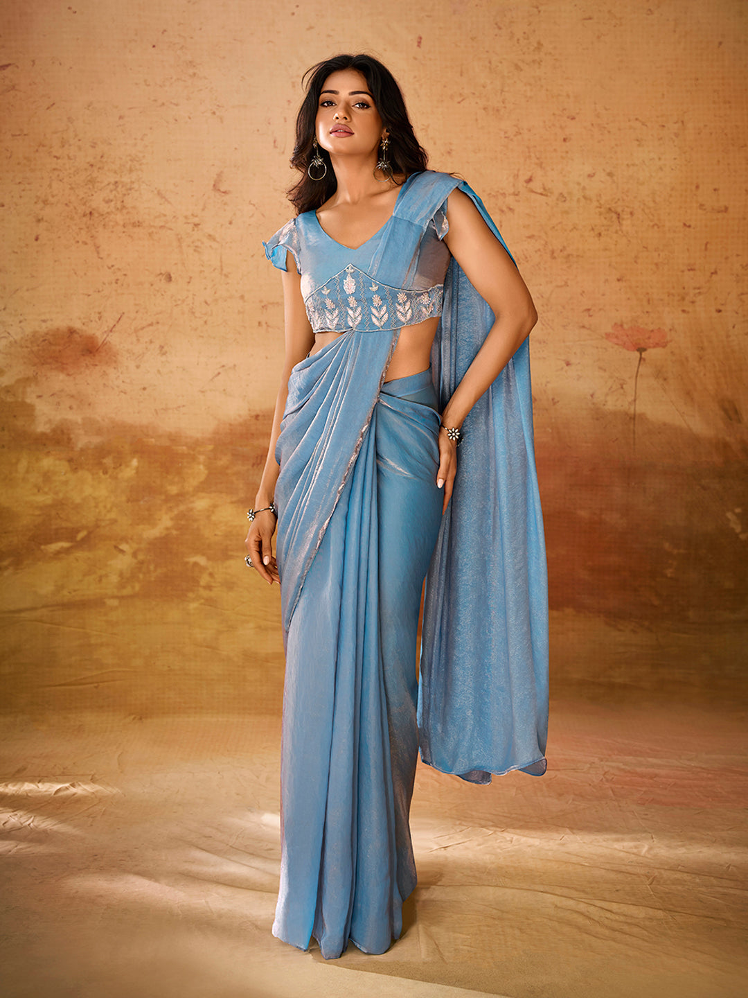 Sky Blue Shimmer Saree with Embroidered Designer Blouse