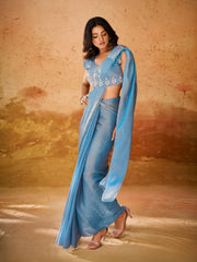 Sky Blue Shimmer Saree with Embroidered Designer Blouse