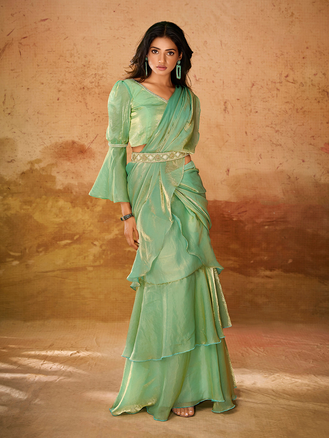 Mint Green Ruffle Saree with Designer Blouse