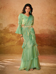 Mint Green Ruffle Saree with Designer Blouse
