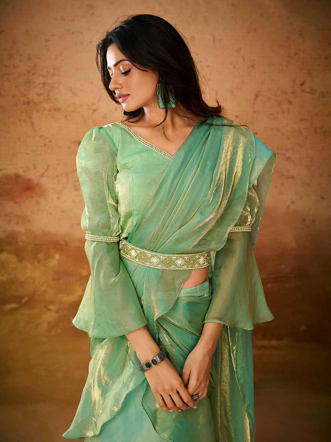 Mint Green Ruffle Saree with Designer Blouse
