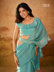 Teal Blue Ruffle Saree with Embellished Blouse