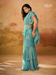 Teal Blue Ruffle Saree with Embellished Blouse